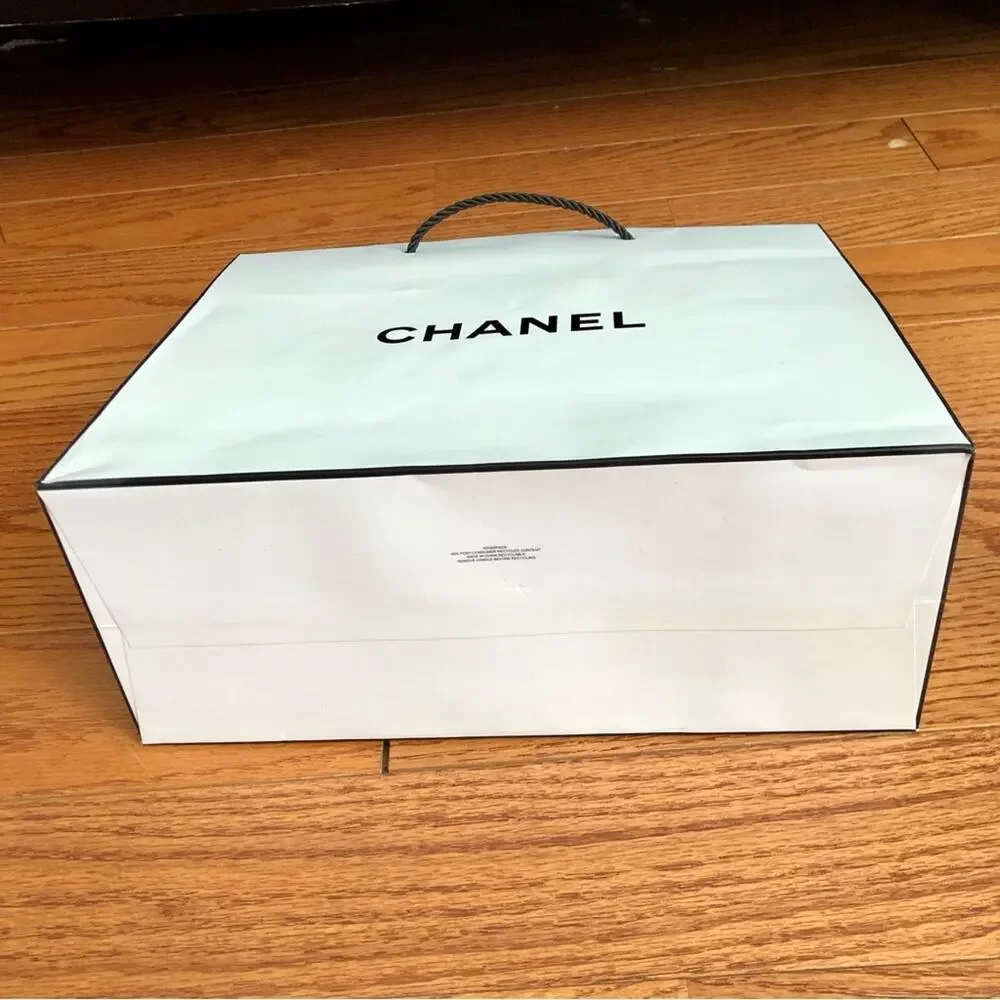 Chanel Authentic Bundle of Two White Paper Shopping Bags with Black Handles